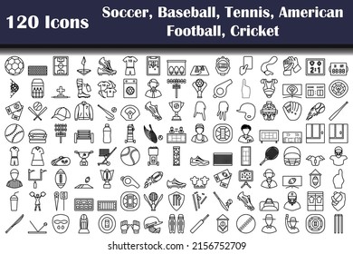 Set of 120 icons. Soccer, Baseball, Tennis, American Football, Cricket  themes. Bold outline design with editable stroke width. Vector Illustration.