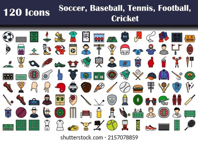 Set of 120 icons. Soccer, Baseball, Tennis, American Football, Cricket  themes. Editable Bold Outline With Color Fill Design. Vector Illustration.