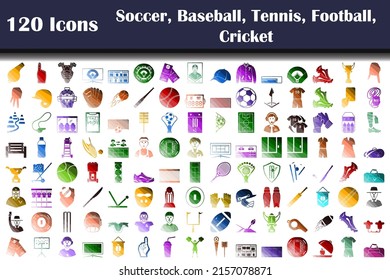 Set of 120 icons. Soccer, Baseball, Tennis, American Football, Cricket  themes. Flat Color Ladder Design. Vector Illustration.