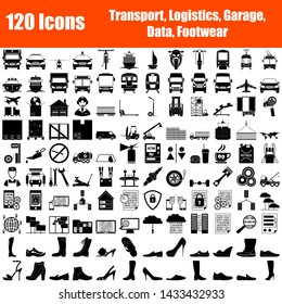 Set of 120 Icons. Transport, Logistic, Garage, Data, Footwear themes. Color Flat Design. Vector Illustration. Black Color Stencil Design. Vector Illustration.