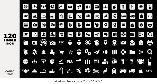 Set of 120 simple icons in black and white. Includes various symbols like transport, shopping, and communication. Perfect for design projects and apps. User interface icon vector set.