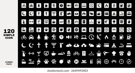 Set of 120 simple icons in black and white. Includes symbols for weather, fitness, religion, and travel. Minimalist icons for diverse applications. User interface icon vector set.