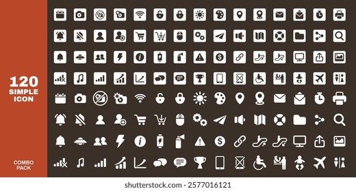 Set of 120 simple icons in white on a dark background. Includes symbols for communication, travel, shopping, and more. Perfect for web and app design. User interface icon vector set.