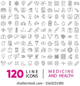 Set of 120 vector line icons and symbols in flat design medicine and health with elements for mobile concepts and web apps. Collection of modern medical and health life infographic logo and pictogram.