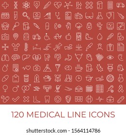 Set of 120 vector line icons and symbols in flat design medicine and health with elements for mobile concepts and web apps. Collection of modern medical and health life infographic logo and pictogram.