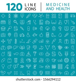 Set of 120 vector line icons and symbols in flat design medicine and health with elements for mobile concepts and web apps. Collection of modern medical and health life infographic logo and pictogram.