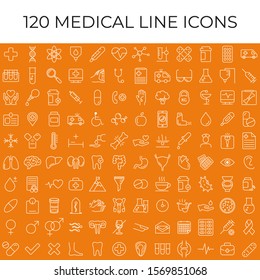 Set of 120 vector line icons and symbols in flat design medicine and health with elements for mobile concepts and web apps. Collection of modern medical and health life infographic logo and pictogram.