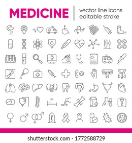 Set von 120 Vektorlinien-Symbolen und -Symbolen in flacher Design-Medizin und Gesundheit mit Elementen für mobile Konzepte und Web-Apps. Sammlung von modernen medizinischen und gesundheitlichen Leben Infografik Logo und Piktogramm.
