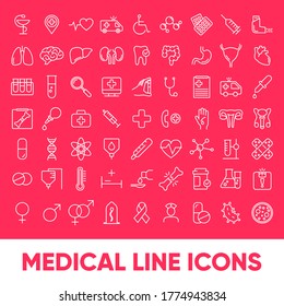 Set of 120 vector line icons and symbols in flat design medicine and health with elements for mobile concepts and web apps. Collection of modern medical and health life infographic logo and pictogram.