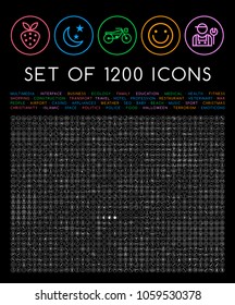 Set of 1200 Minimal White Icons on Circular Buttons on Black Background ( Isolated Elements )