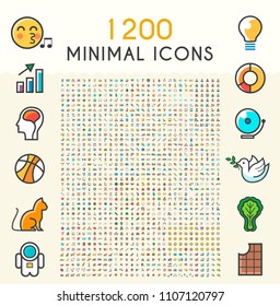 Set of 1200 Minimalistic Solid Line Coloured Network Icons . Isolated Vector Elements