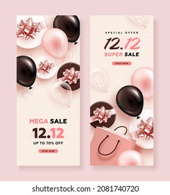 Set of 1212 mega sale vertical banner with realistic balloons and gift box on pink background. Vector illustration