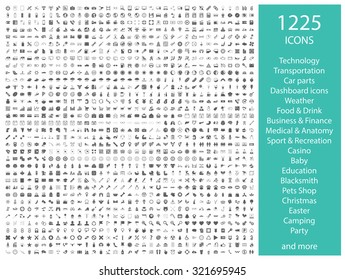 Set of 1225 icons, for web, internet, mobile apps, interface design: business, finance, shopping, communication, fitness, computer, media, transportation, travel, easter, christmas, summer, device