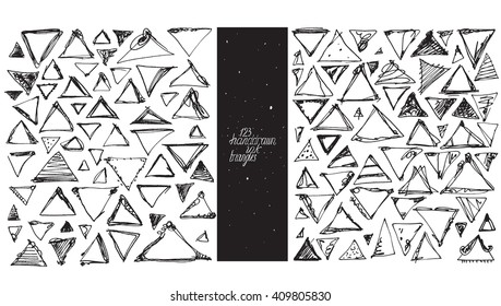 Set of 123 triangles, made with hand and liquid ink, freehand, with lots of splashes and blob brush smears. Vector black and white illustration, good for creative designs, drawn with imperfections.
