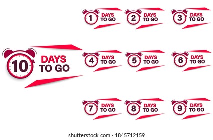 Set 1,2,3,4,5,6,7,8,9,10 days left. Time report with alarm. Discount, business offer. Buying at a low price, very profitable. Vector image.
