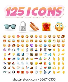 Set of 125 Realistic Cute Icons on White Background . Isolated Vector Illustration 