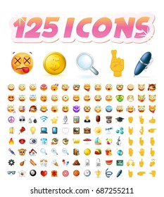 Set of 125 Realistic Cute Icons on White Background . Isolated Vector Illustration 