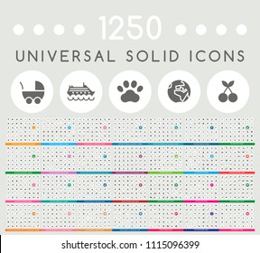 Set of 1250 Elegant Universal Black Minimalistic Solid Icons on Circular Colored Buttons on Grey Background