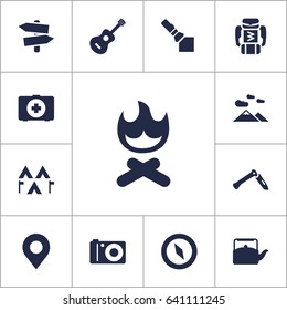 Set Of 13 Adventure Icons Set.Collection Of Kettle, Acoustic, Location And Other Elements.