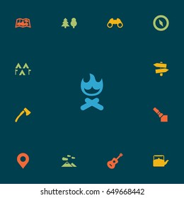 Set Of 13 Adventure Icons Set.Collection Of Landscape , Optical Zoom, Wood Axe Elements.