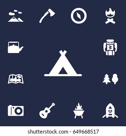 Set Of 13 Adventure Icons Set.Collection Of Wood Axe, Landscape , Backpack Elements.