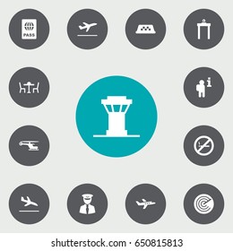 Set Of 13 Aircraft Icons Set.Collection Of Restaurant, Radiolocator, Leaving And Other Elements.