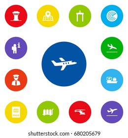 Set Of 13 Aircraft Icons Set.Collection Of Metal Detector, Radiolocator, Luggage Check And Other Elements.