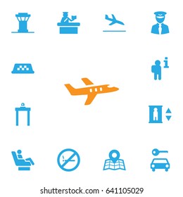 Set Of 13 Airplane Icons Set.Collection Of Vip, Lift, Air Traffic Controller And Other Elements.