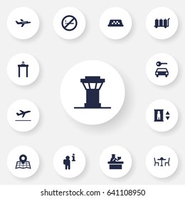 Set Of 13 Airplane Icons Set.Collection Of Data, Metal Detector, Carriage And Other Elements.