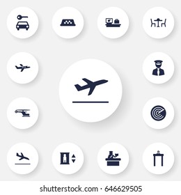 Set Of 13 Airplane Icons Set.Collection Of Luggage Check, Aircraft, Cab And Other Elements.