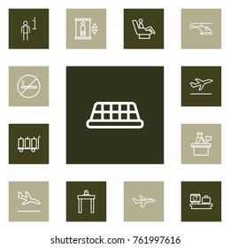 Set Of 13 Airplane Outline Icons Set.Collection Of Luggage Check, Taxi, No Smoking And Other Elements.