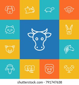 Set Of 13 Alive Outline Icons Set.Collection Of Pig, Dog, Rhino And Other Elements.