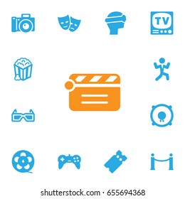 Set Of 13 Amusement Icons Set.Collection Of Theater, Joystick, Cinema Fence And Other Elements.