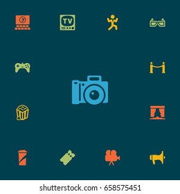 Set Of 13 Amusement Icons Set.Collection Of Beverage, Television, Cinema Fence And Other Elements.
