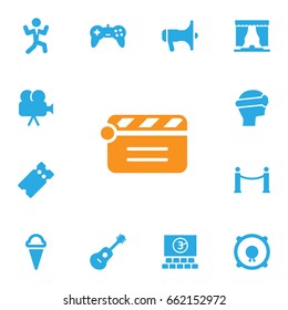Set Of 13 Amusement Icons Set.Collection Of Sorbet, Cinema Fence, Action And Other Elements.