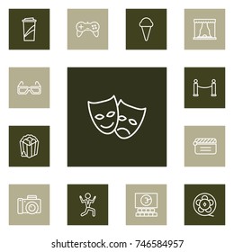 Set Of 13 Amusement Outline Icons Set.Collection Of Game Controller, Cinema, Theater And Other Elements.
