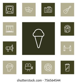 Set Of 13 Amusement Outline Icons Set.Collection Of Photo Camera, Bullhorn, Popcorn And Other Elements.