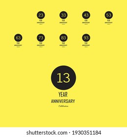Set 13 Anniversary celebration on yellow background. Vector festive illustration. Birthday or wedding party event decoration