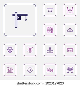 Set of 13 architecture icons line style set. Collection of city, under construction, gas station and other elements.