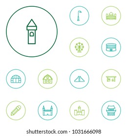 Set of 13 architecture icons line style set. Collection of pen, airport and other elements.