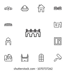 Set of 13 architecture icons line style set. Collection of slum, school, casement and other elements.