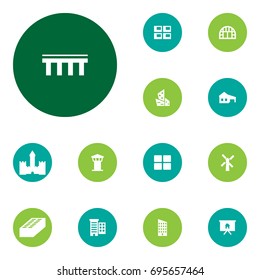 Set Of 13 Architecture Icons Set.Collection Of Business Center, Chateau, Air Traffic Controller And Other Elements.
