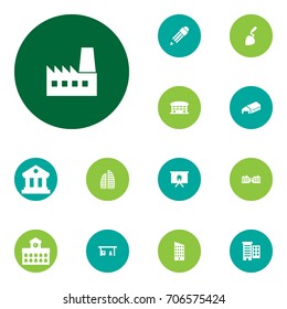 Set Of 13 Architecture Icons Set.Collection Of Metropolis, Skyscraper, University And Other Elements.