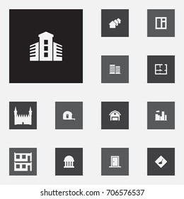 Set Of 13 Architecture Icons Set.Collection Of Urban Estate, Window, Property And Other Elements.