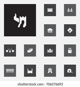 Set Of 13 Architecture Icons Set.Collection Of In Developing, Golden Gate, Lock And Other Elements.