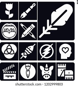 Set of 13 art filled icons such as mouth, pencil, paint brush, flash, rgb, pen, fish, quill, scarf, head, clapperboard, flower