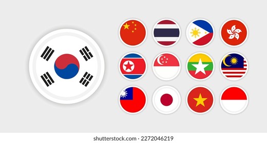 Set of 13 Asian countries flags with grey background