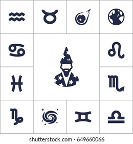 Set Of 13 Astrology Icons Set.Collection Of Lion, Bull, Zodiac Sign And Other Elements.