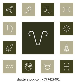Set Of 13 Astrology Outline Icons Set.Collection Of Aqurius, Leo, Astrologer And Other Elements.