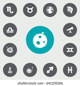 Set Of 13 Astronomy Icons Set.Collection Of Binoculars, Bull, Comet And Other Elements.